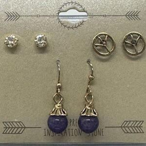3 Pairs Semi Precious stone Gold Tone Post Earrings 1 inch